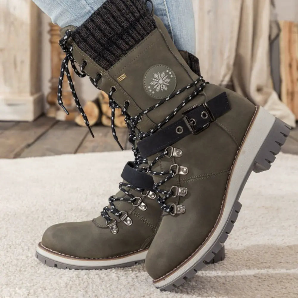 Women's Winter Lace-Up Snow Boots – Knit Cuff & Buckle – Anti-Slip Sole